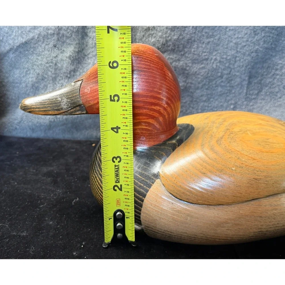 John Bass Signed Hand Carved Wooden Redhead Duck Decoy Figurine 12.5 Inch